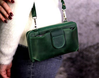 Handmade Leather Crossbody Phone Wallet Purse: RFID 20 Card Slots, Shoulder Travel iPhone Bag
