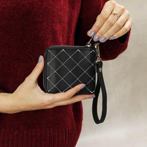 Cartera de cuero con cremallera hecha a mano, tarjetero pequeño de muñeca, monedero de cuero genuino, tarjetero compacto, cartera de viaje con cremallera