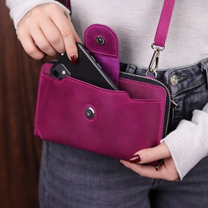 Cartera de viaje crossbody pequeña/bolso de hombro para iPhone 15 Pro Max/bolso de cuero genuino personalizado para mujer/bolso hecho a mano con cremallera alrededor/ imagen 3