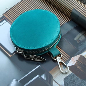 Round Leather Coin Purse / Minimalist Money Pouch / Circular Zipper Wallet with Carabiner / Cute Earbuds Organizer / Additional Coin Holder image 8