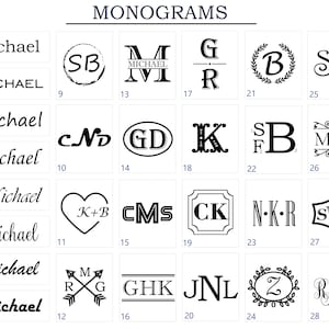 Pu&ograve; includere: Una collezione di disegni di monogrammi neri, visualizzati su sfondo bianco. L'immagine presenta vari stili, tra cui iniziali, nomi ed elementi decorativi. La parola "MONOGRAMS" &egrave; in alto.