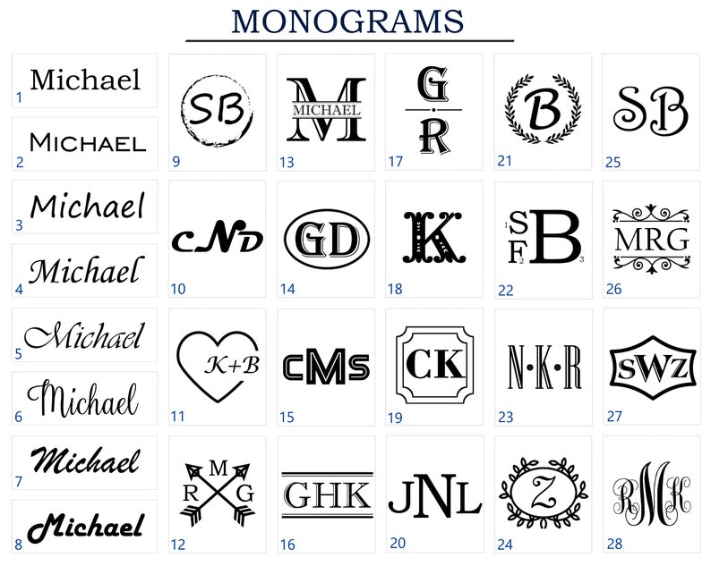 Pu&ograve; includere: Una collezione di disegni di monogrammi neri, visualizzati su sfondo bianco. L'immagine presenta vari stili, tra cui iniziali, nomi ed elementi decorativi. La parola "MONOGRAMS" &egrave; in alto.