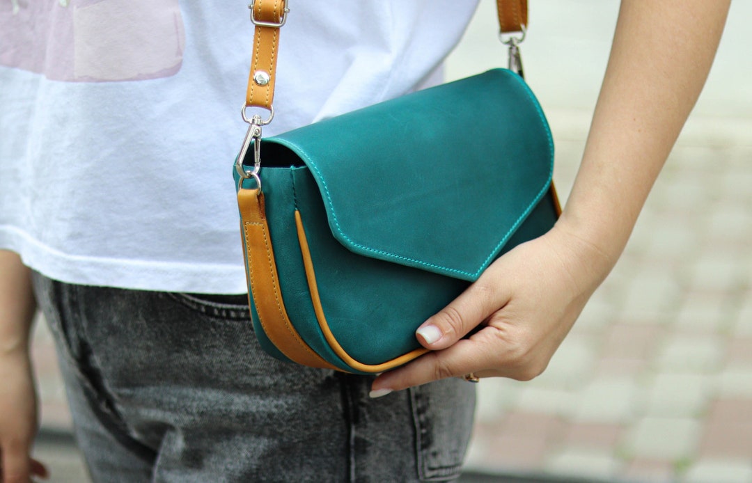Made in Ukraine / Leather Small Crossbody Bag/ Blueyellow Shoulder Mini Bag/ Minimalist Bag