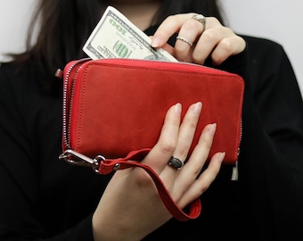 Personalized Crazy Horse Leather Phone Wallet: Long Zippered Travel Purse with RFID & Wrist Strap