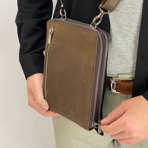 Genuine Leather Double Around Zippered Wallet Bag For Men, Handmade Small Crossbody Sathel, Personalized Mens Shoulder Bag With Card Slots