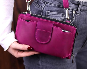 RFID Handmade Leather Crossbody Wallet Purse: Distressed Cowhide Shoulder Zip-around Phone Bag & Card Slots
