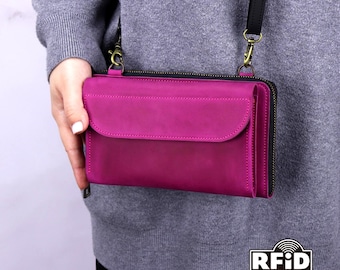 Personalized Leather Crossbody Bag, RFID Phone Wallet Purse, Monogrammed Small Shoulder Bag for Women