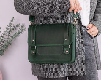 Women's Leather Shoulder Briefcase / Medium Handmade Crossbody Bag / Green Messenger Purse For Women / Personalized Multi Pockets Satchel