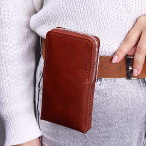 Natural Leather Smartphone Zip Holster With Metal Belt Clip, Personalized Handmade iPhone Case, Custom Leather Phone Cover With Around Zip