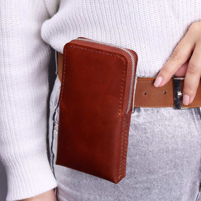 Natural Leather Smartphone Zip Holster With Metal Belt Clip, Personalized Handmade iPhone Case, Custom Leather Phone Cover With Around Zip