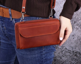 Leather Smartphone Crossbody Small Bag/Cell Phone Shoulder Purse/Handmade Shoulder Wallet for Phone/Personalized Brown Zip Wallet for Women