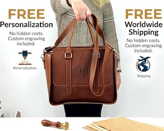 Personalized Crazy Horse Leather Tote Bag, Custom Laptop Work Purse, Monogrammed 3rd Anniversary Gift