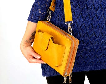 Personalized Handmade Leather Crossbody Purse for Kindle, E-Reader: RFID Double Zipper Shoulder Phone Wallet