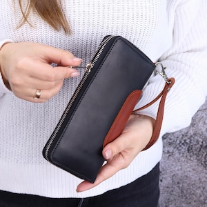 Genuine Leather iPhone Wallet & Wrist Strap, Handmade Leather Zip Around Purse, Long Cards Organizer Wallet, Personalized Travel Wallet Case