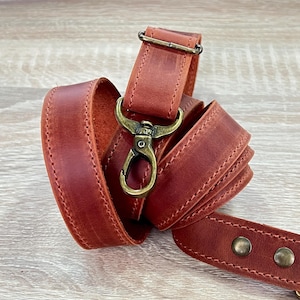 Genuine Leather Shoulder Strap with Swivel Hooks, Removable Crossbody Strap, Rotating Clasp Strap, Detachable Adjustable Leather Crossbody Strap: Antique Brass Swivel Hooks, 1" wide