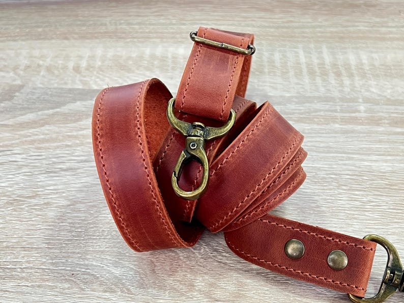 Genuine Leather Shoulder Strap with Swivel Hooks, Removable Crossbody Strap, Rotating Clasp Strap, Detachable Adjustable Leather Crossbody Strap: Antique Brass Swivel Hooks, 1" wide