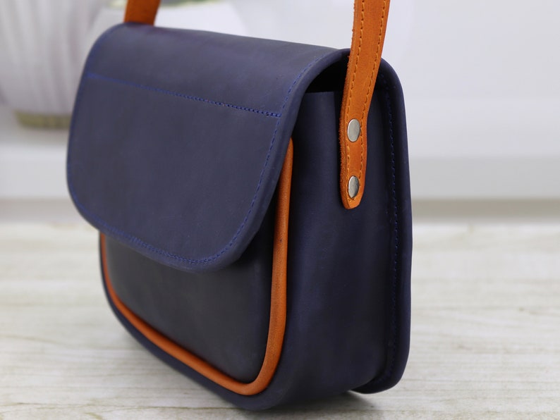 Leather Small Crossbody Bag/ Half Round Shoulder Bag/ Blue&orange