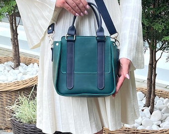 Handmade Leather Crossbody Satchel: Two-Tone Small Tote Bag With Top Handle, Personalized Shoulder Purse