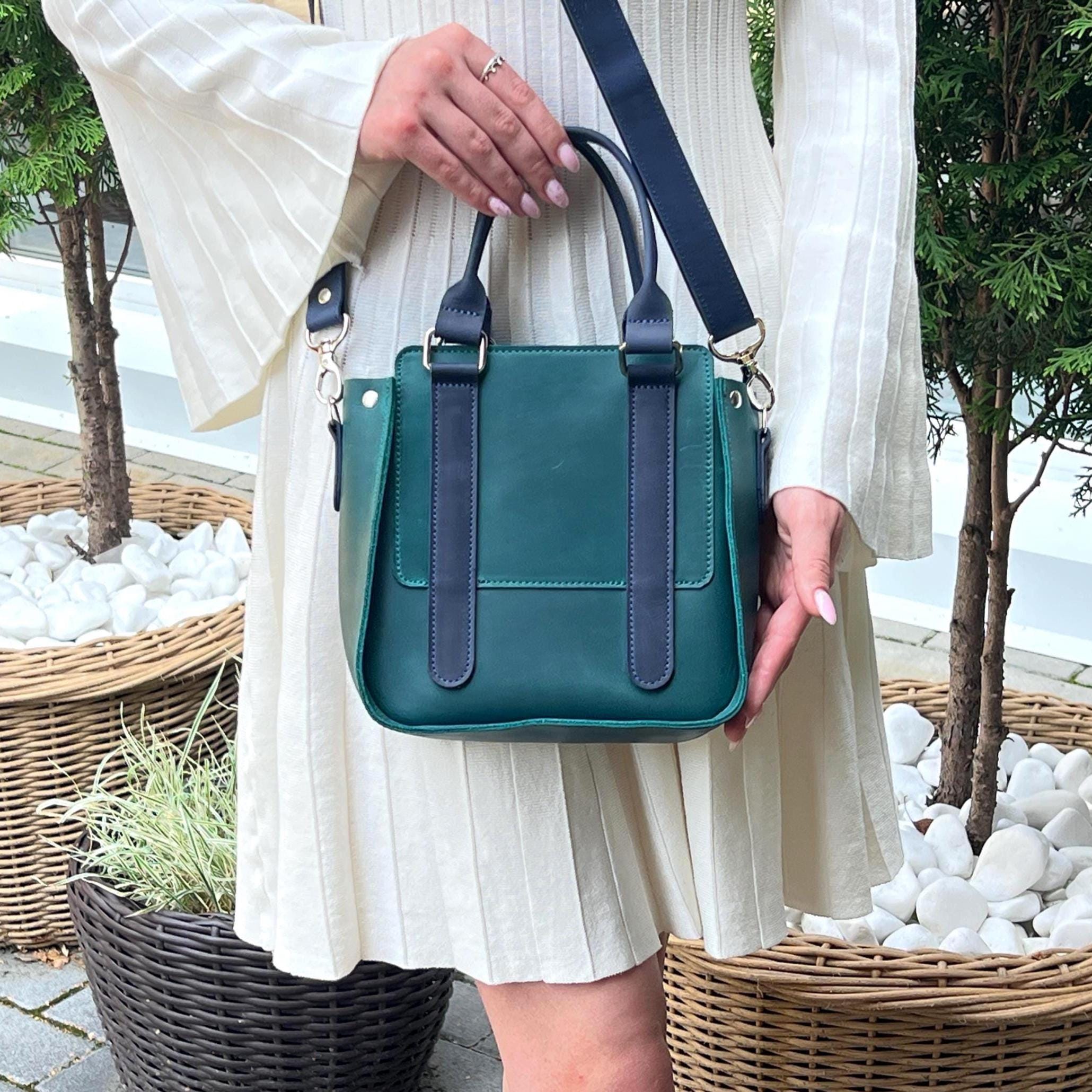 Schultertasche Blaue Handtasche Brauner Henkel Modische Damen