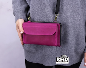 Handmade Leather RFID Protection Crossbody Wallet, Personalized Leather Shoulder Bag, Leather Card Slots Purse, Shoulder iPhone Pocket Bag