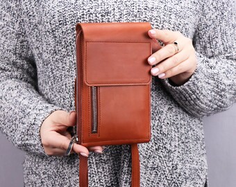 Leder-Crossbody-Geldbörse für Damen/Schulter-iPhone-Tasche/Crossbody-Geldbörse mit Reißverschluss/kleine Geldbörse für Damen/personalisierte braune Tasche mit Riemen