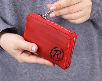 Engraved Genuine Leather Zippered Wallet, Zip Around Leather Wallet, Compact Leather Purse With Pockets For Coins & Bills and 4 Card Slots