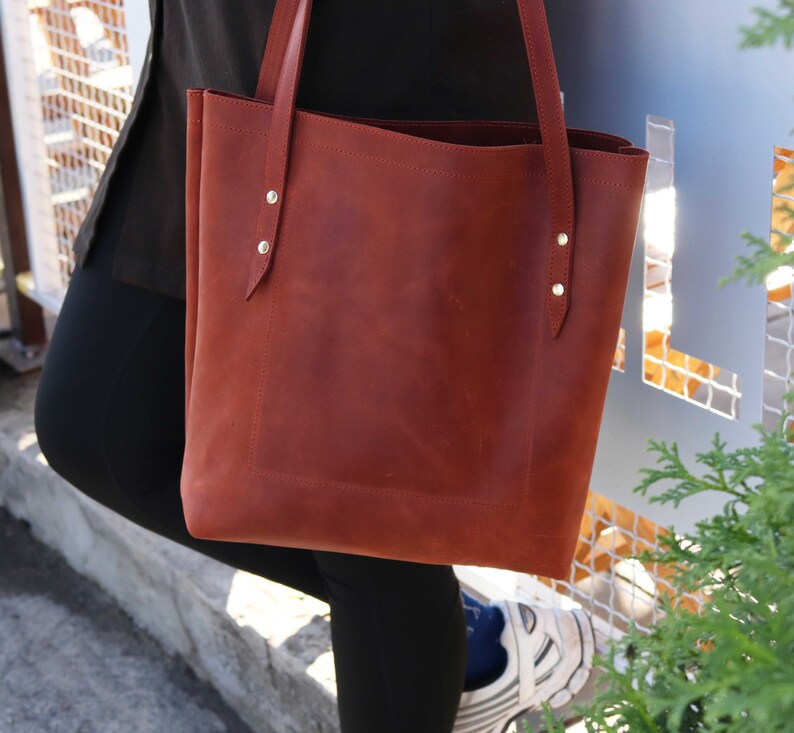 Handmade Leather Shopper Bag/ Personalized Leather Tote Bag/ Leather Women Big Everyday bag/ Leather Daily Laptop Bag / Shoulder lap Top Bag image 5