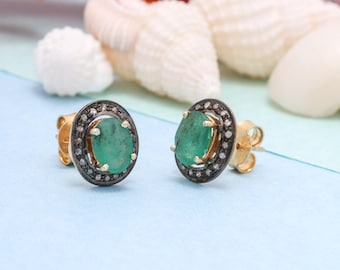 Natural Emerald Diamond Stud Earrings,925 Sterling Silver Green Gemstone Studs,Minimalist Birthstone Earrings,Dainty Jewelry Gift for Her