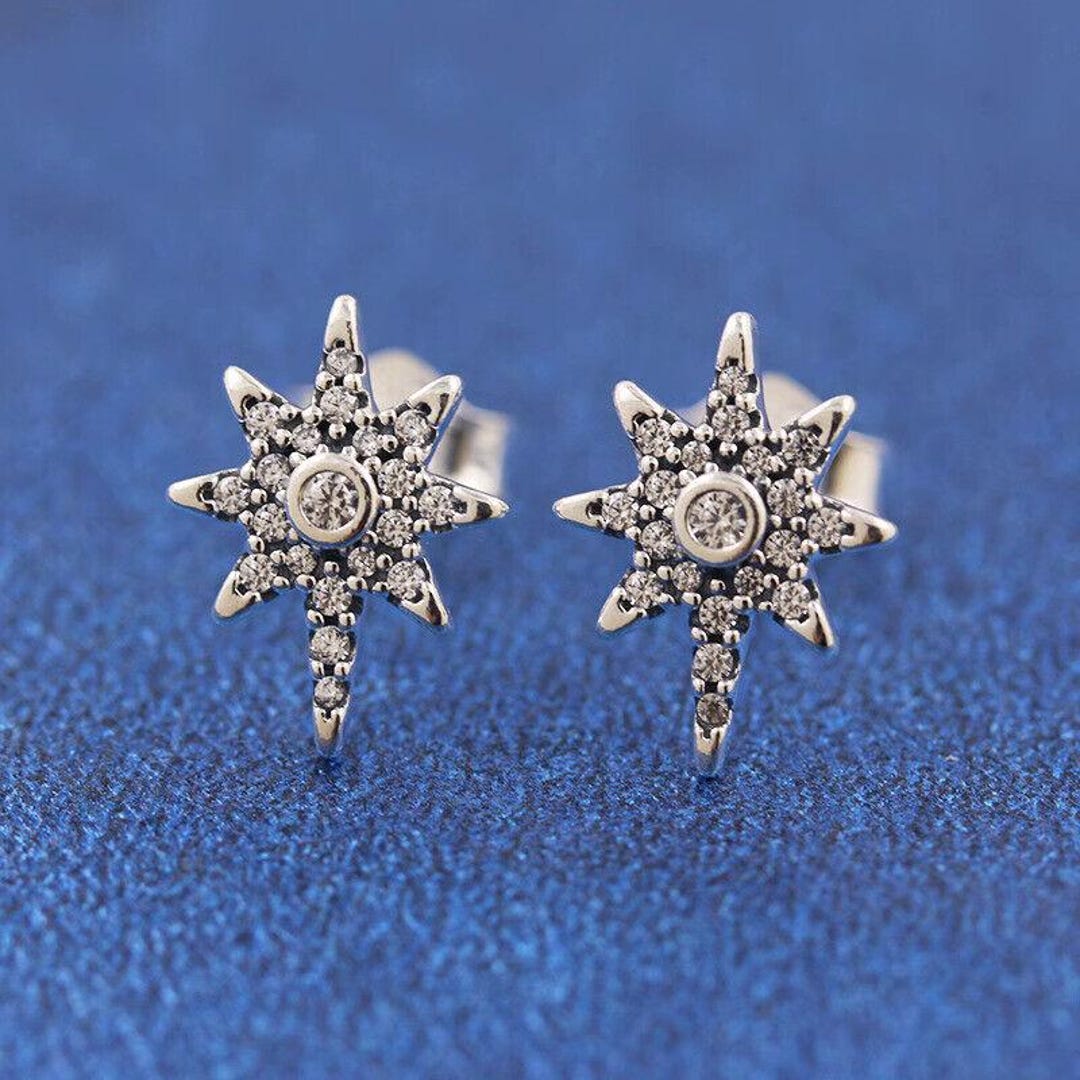 Sterling Silver Starburst Stud Earrings | Cubic Zirconia Celestial ...