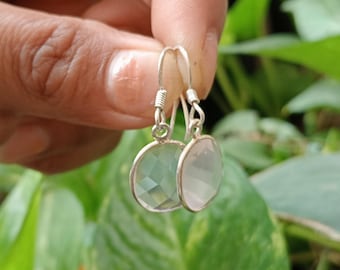 Sterling Silver Earring, Handmade Natural Gemstone Rose Quartz Transparent Pink Diamond Cut Oval Shape Dangle, Christmas Gift