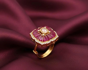 925 sterlingzilveren kundanpolki-ring, statement ring synthetisch robijn en zirkoon, cocktailring roze bloemen, Indiase huwelijkssieraden