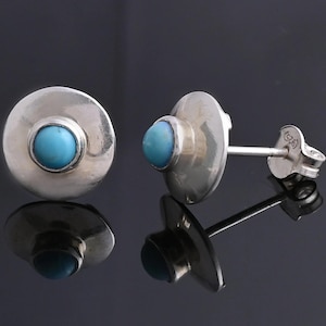 Handmade Sterling Silver Stud Earrings with Natural Turquoise | Round Boho Minimalist Jewelry | December Birthstone Gift for Her