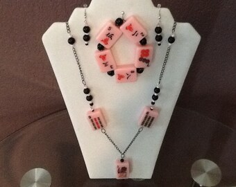 Mah Jong Pink Translucent tile necklace, earnings and braclet