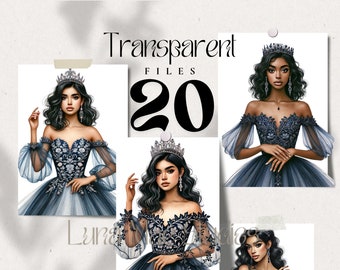 20 Navy Blue Princess Quinceañeras Clipart, Transparent PNG Files, Watercolor Paintings