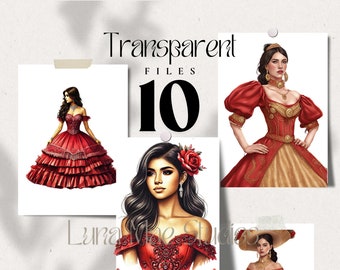 10 Red Charro Quinceañera Clipart, Princess, Transparent PNG Files, Watercolor Paintings