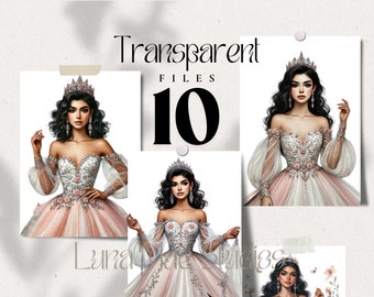 10 Fairy Princess Quinceañeras Clipart, Transparent PNG Files, Watercolor Paintings