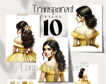 10 Yellow Quinceañera Clipart, Princess, Transparent PNG Files, Watercolor Paintings