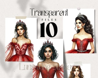 10 Red Quinceañeras Clipart, Princess, Transparent PNG Files, Watercolor Paintings