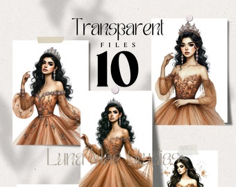 10 Amber Autumn Princess Quinceañeras Clipart, Transparent PNG Files, Watercolor Paintings