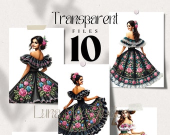 10 Mexican Princess Quinceañeras Clipart, Black and Pink dress, Transparent PNG Files, Watercolor Painting