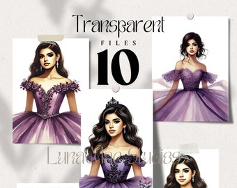 10 Grape Purple Quinceañera Clipart, Princess, Transparent PNG Files, Watercolor Paintings