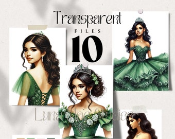 10 Emerald Quinceañera Clipart, Princess, Transparent PNG Files, Watercolor Paintings