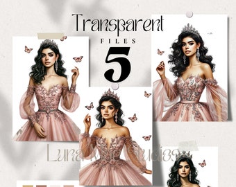 5 Blush Dress Princesses Quinceañeras Clipart, Transparent PNG Files, Watercolor Paintings