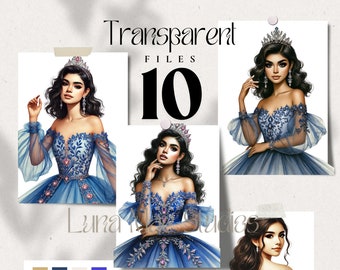 10 Royal Blue Princess Quinceañeras Clipart, Transparent PNG Files, Watercolor Painting