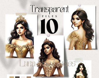 10 Gold Dress Quinceañeras Clipart, Princess, Transparent PNG Files, Watercolor Paintings