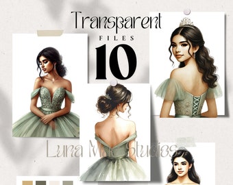 10 Sage Green Quinceañera Clipart, Princess, Transparent PNG Files, Watercolor Paintings