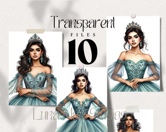 10 Turquoise Quinceañeras Clipart, Princess, Transparent PNG Files, Watercolor Paintings
