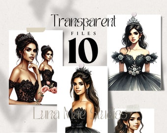 10 Black Dress Quinceañeras Clipart, Princess, Transparent PNG Files, Watercolor Paintings