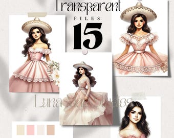 10 Blush Charro Quinceañeras Clipart, Transparent PNG, Watercolor Painting