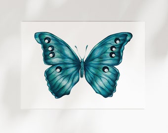 May include: A teal blue butterfly with white spots on its wings. The butterfly is drawn in a realistic style and has a detailed design.